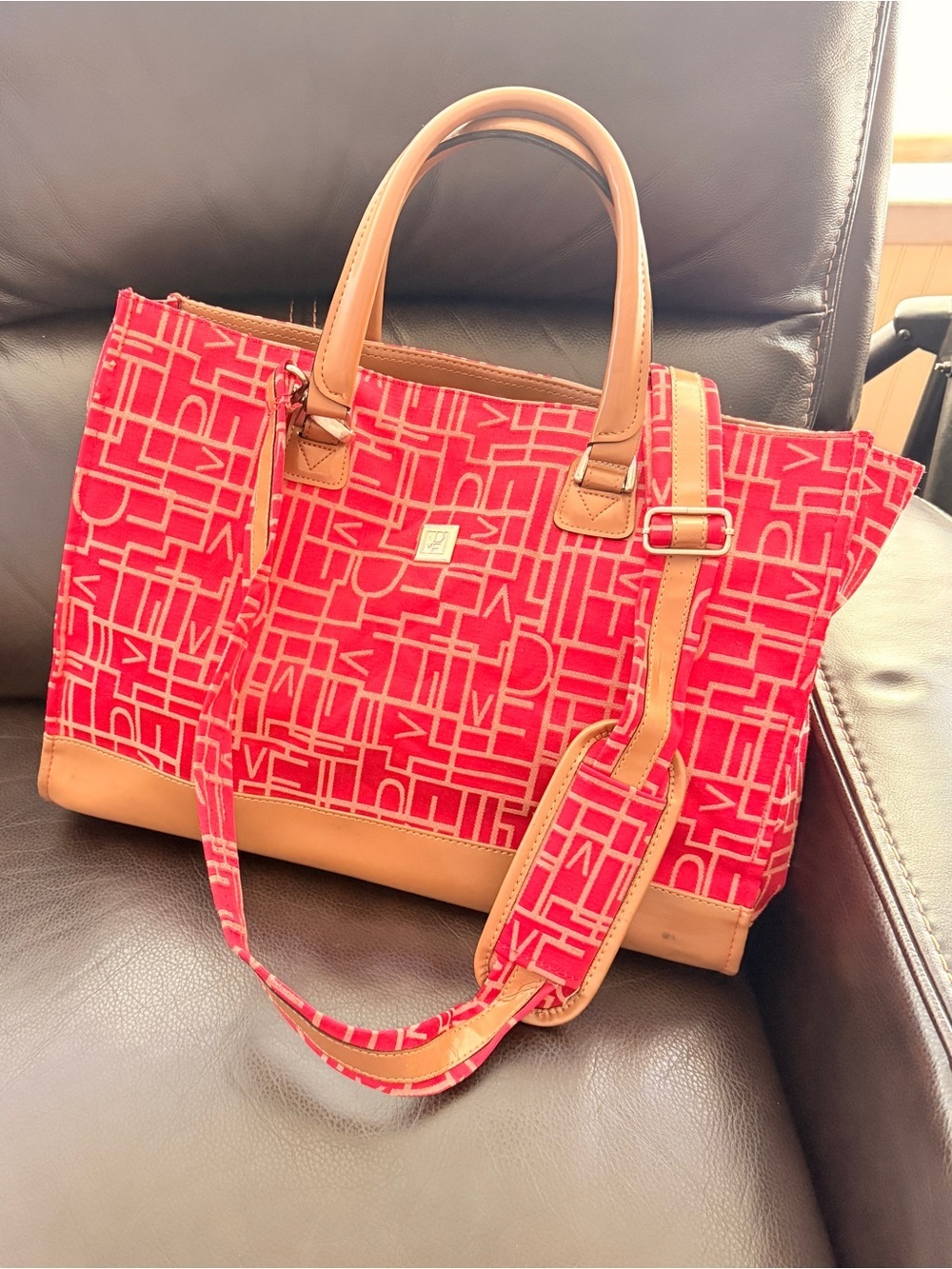 Diane Von Furstenberg Tote Bag Large Red Monogram Weekend Travel Canvas Leather - Picture 3 of 10